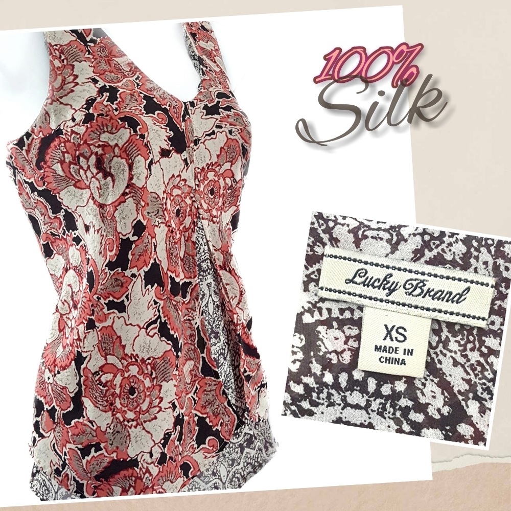 LUCKY BRAND XS 100% Silk Sleeveless Floral Blouse